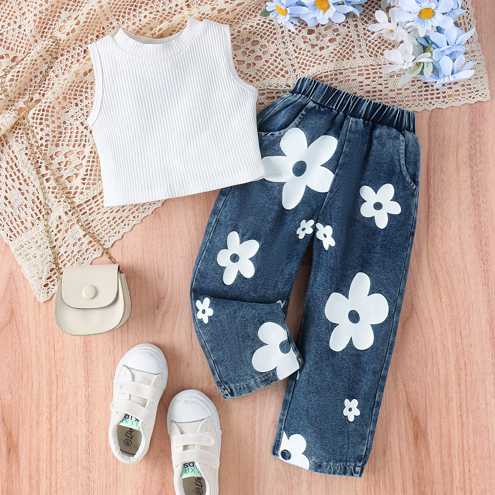 Girls' ribbed solid color top   trendy printed jeans suit