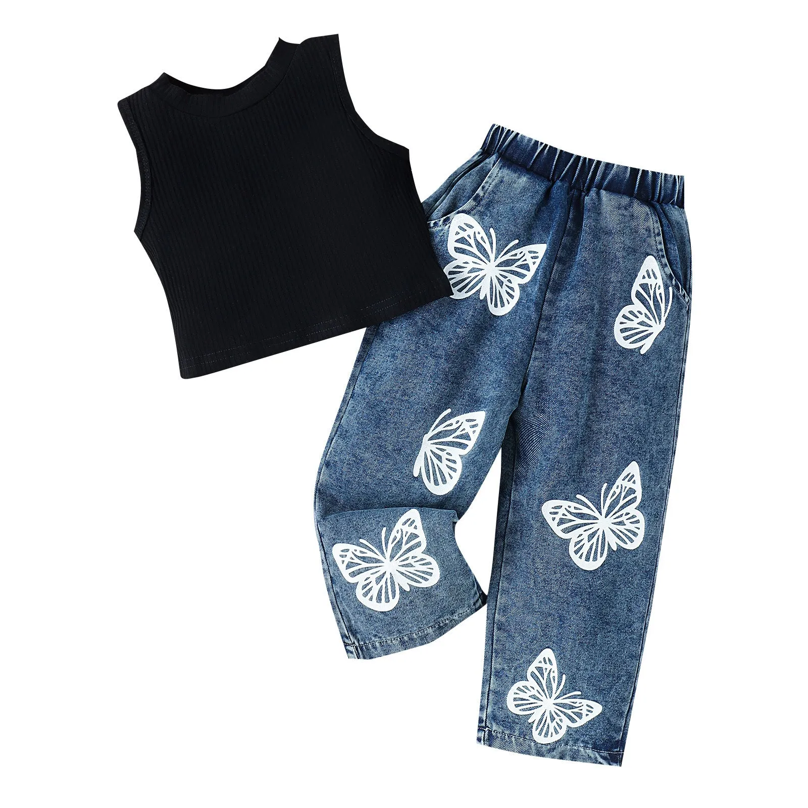 Girls' ribbed solid color top   trendy printed jeans suit