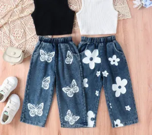 Girls' ribbed solid color top   trendy printed jeans suit