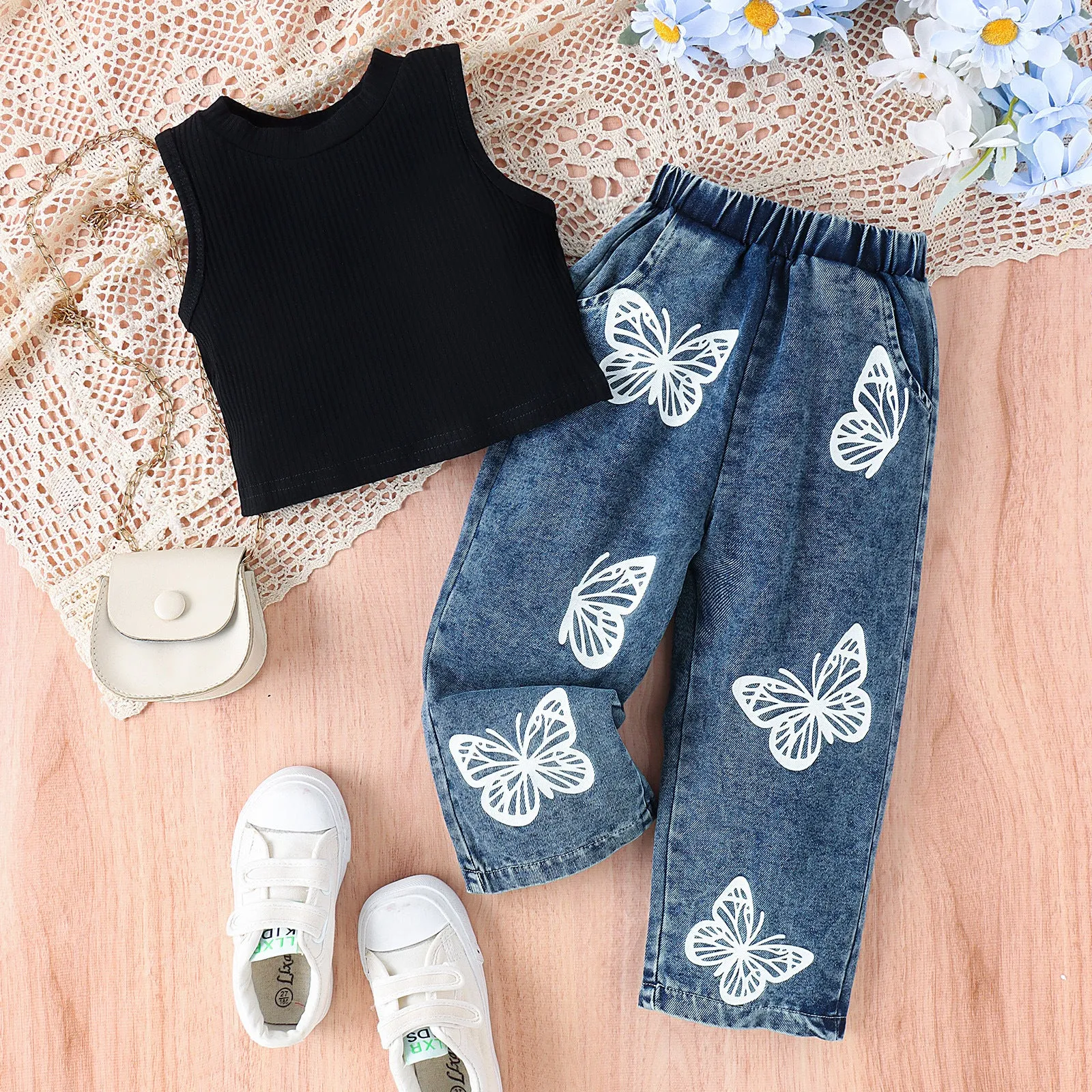 Girls' ribbed solid color top   trendy printed jeans suit