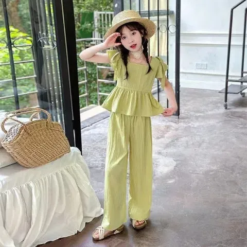 Girls summer suit fashionable summer clothes high-end design sleeveless wide-leg pants two-piece suit trendy