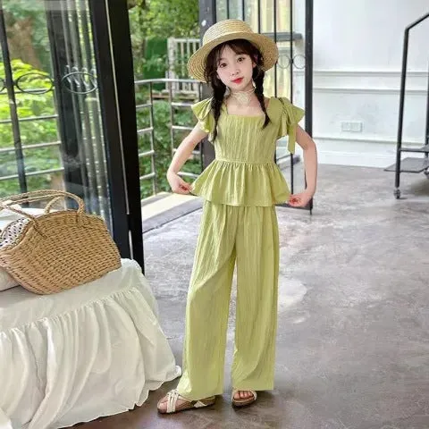 Girls summer suit fashionable summer clothes high-end design sleeveless wide-leg pants two-piece suit trendy