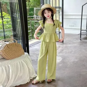 Girls summer suit fashionable summer clothes high-end design sleeveless wide-leg pants two-piece suit trendy