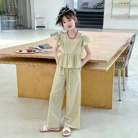 Girls summer suit fashionable summer clothes high-end design sleeveless wide-leg pants two-piece suit trendy