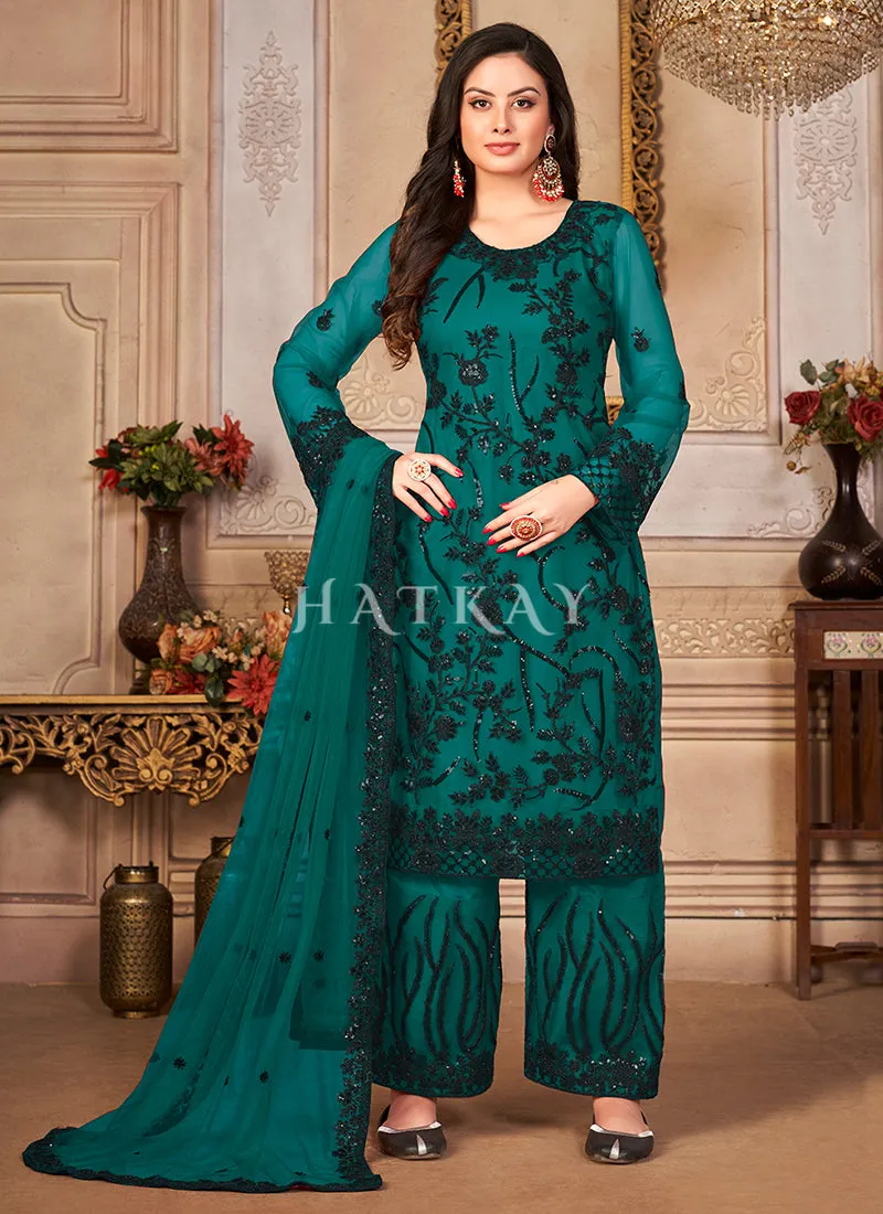 Green Zari Embroidered Pant Style Suit