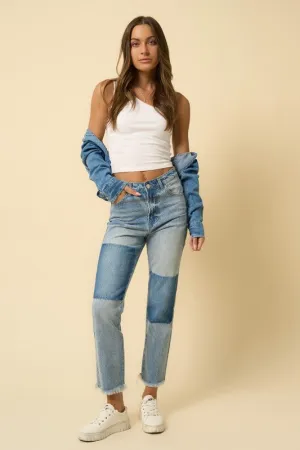 High Rise Frayed Hem Straight Denim Jeans