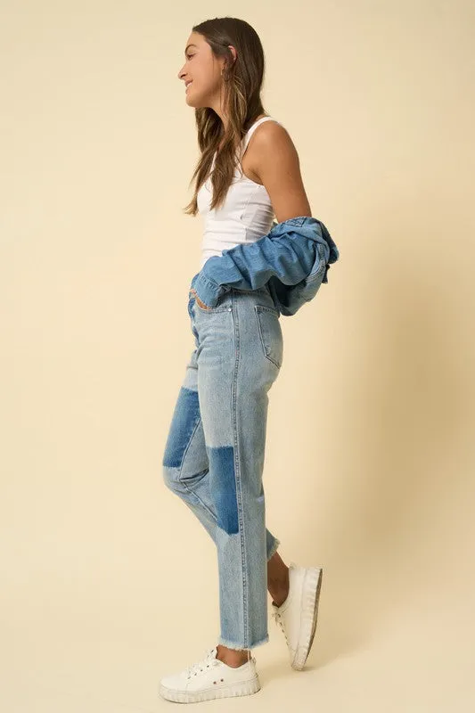 High Rise Frayed Hem Straight Denim Jeans