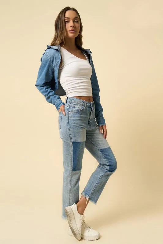 High Rise Frayed Hem Straight Denim Jeans