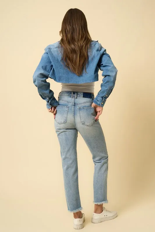 High Rise Frayed Hem Straight Denim Jeans