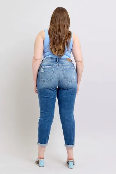 JUDY BLUE FULL SIZE BUTTON DISTRESSED JEANS WITH POCKETS