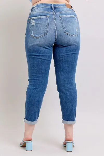 JUDY BLUE FULL SIZE BUTTON DISTRESSED JEANS WITH POCKETS