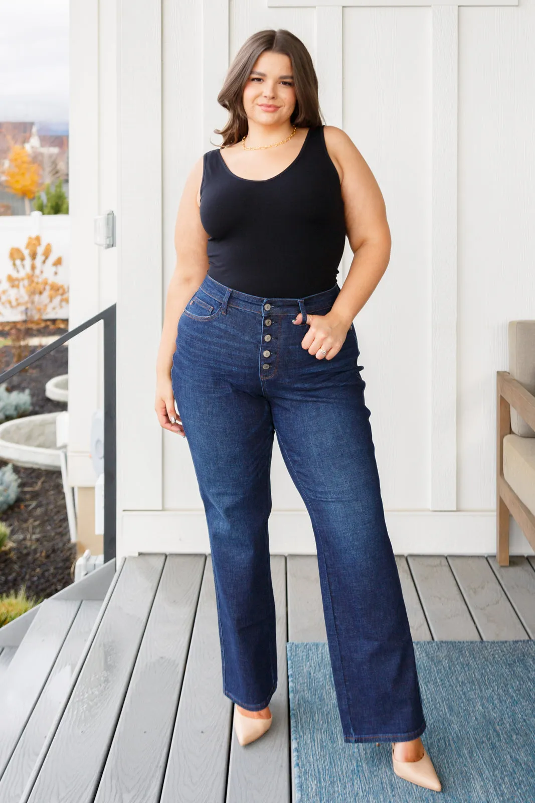 Judy Blue High-Rise Button Fly Straight Leg Jeans in Dark Wash