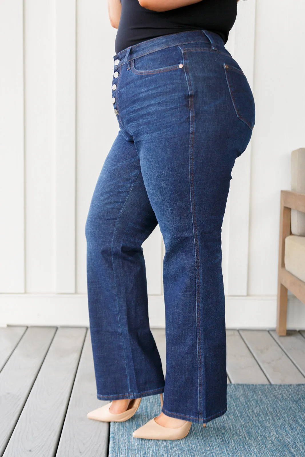 Judy Blue High-Rise Button Fly Straight Leg Jeans in Dark Wash