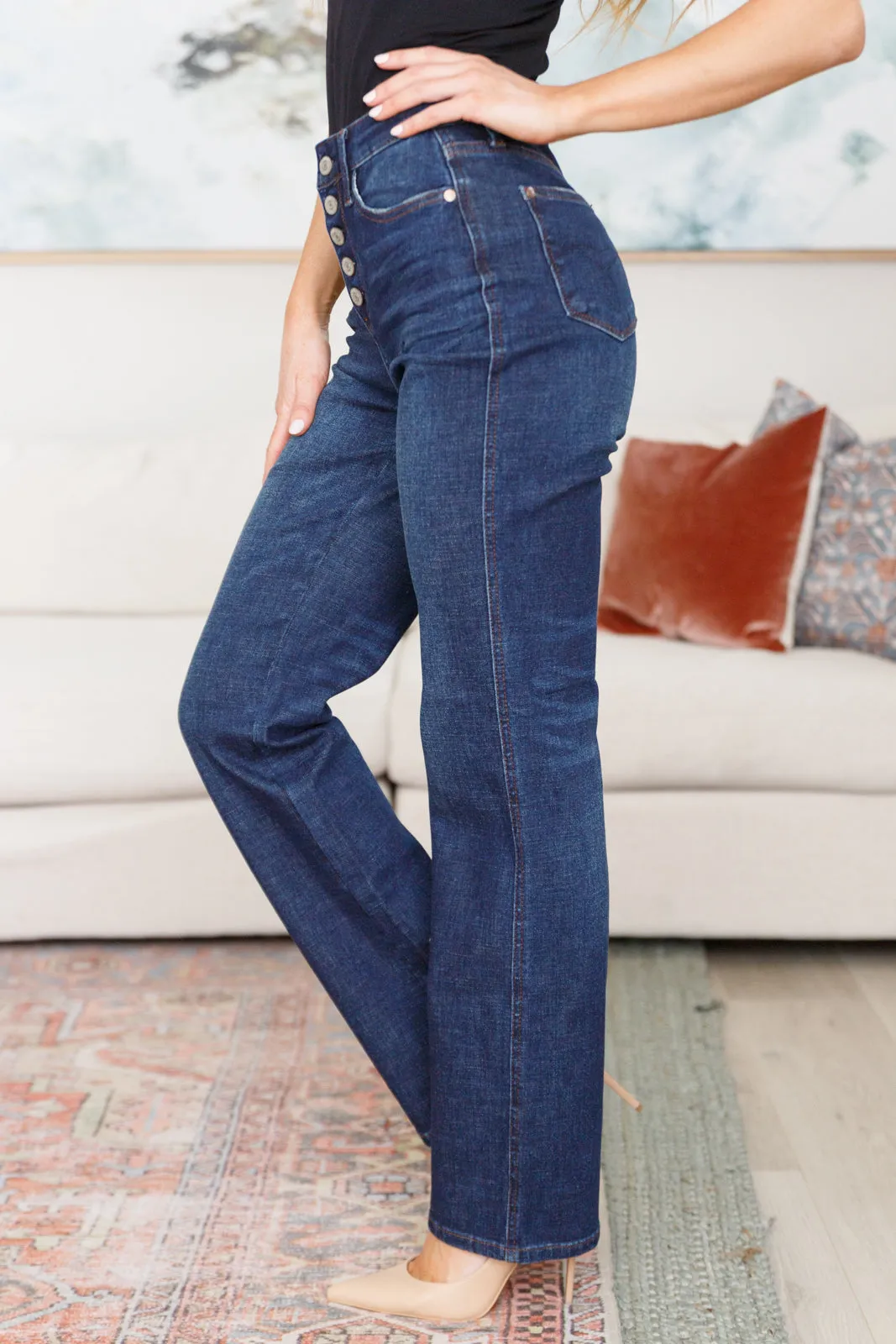 Judy Blue High-Rise Button Fly Straight Leg Jeans in Dark Wash