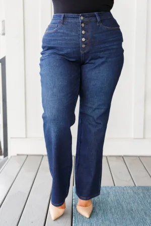 Judy Blue High-Rise Button Fly Straight Leg Jeans in Dark Wash