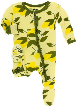 KicKee Pants Lime Blossom Lemon Tree Classic Layette Ruffle Footie with Zipper