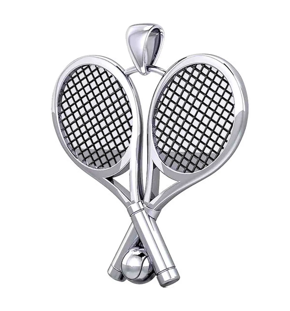 Large 925 Sterling Silver 3D Double Tennis Racket & Ball Pendant Necklace, 39mm