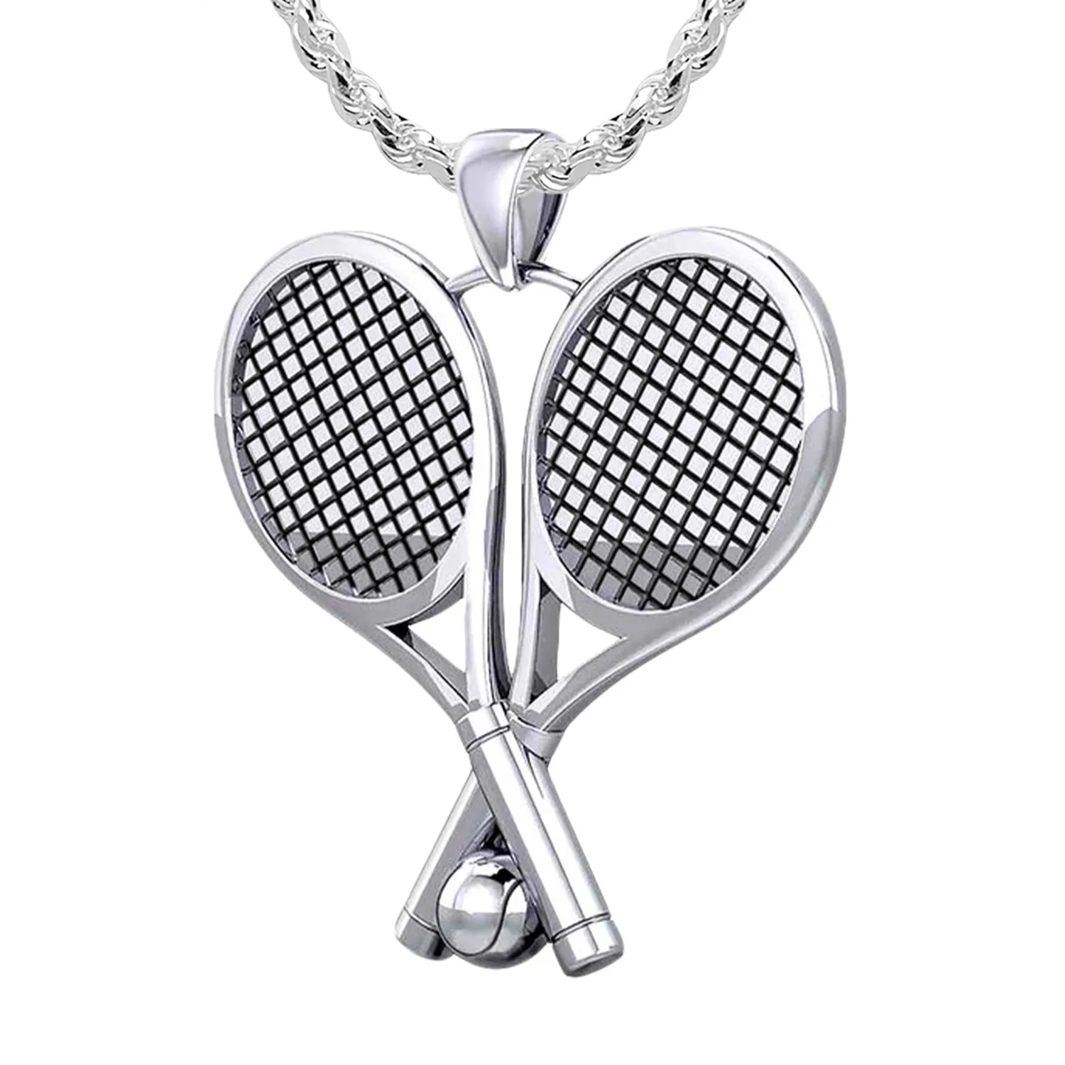 Large 925 Sterling Silver 3D Double Tennis Racket & Ball Pendant Necklace, 39mm