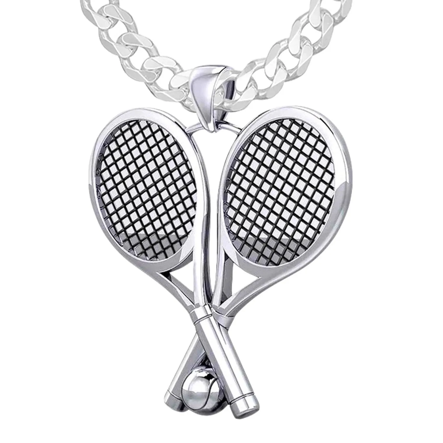 Large 925 Sterling Silver 3D Double Tennis Racket & Ball Pendant Necklace, 39mm