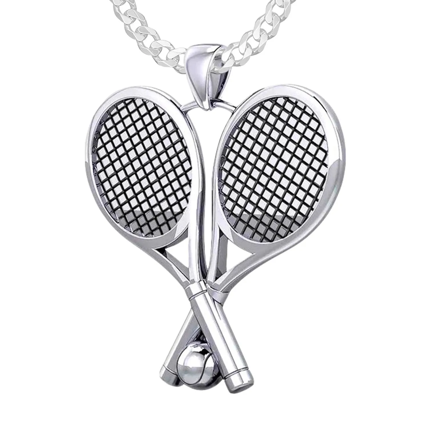 Large 925 Sterling Silver 3D Double Tennis Racket & Ball Pendant Necklace, 39mm