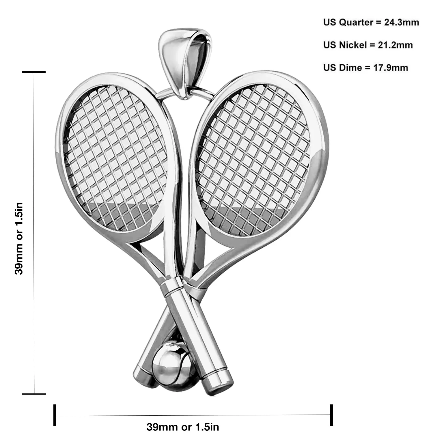 Large 925 Sterling Silver 3D Double Tennis Racket & Ball Pendant Necklace, 39mm