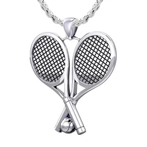Large 925 Sterling Silver 3D Double Tennis Racket & Ball Pendant Necklace, 39mm
