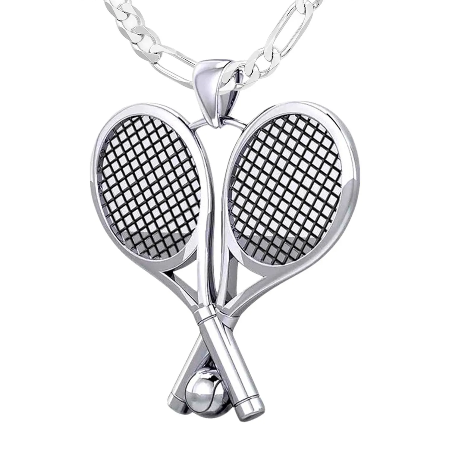 Large 925 Sterling Silver 3D Double Tennis Racket & Ball Pendant Necklace, 39mm