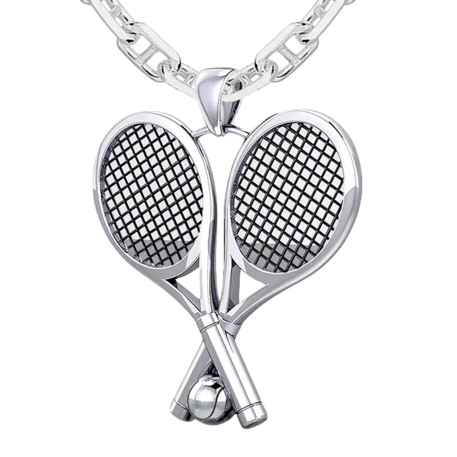 Large 925 Sterling Silver 3D Double Tennis Racket & Ball Pendant Necklace, 39mm