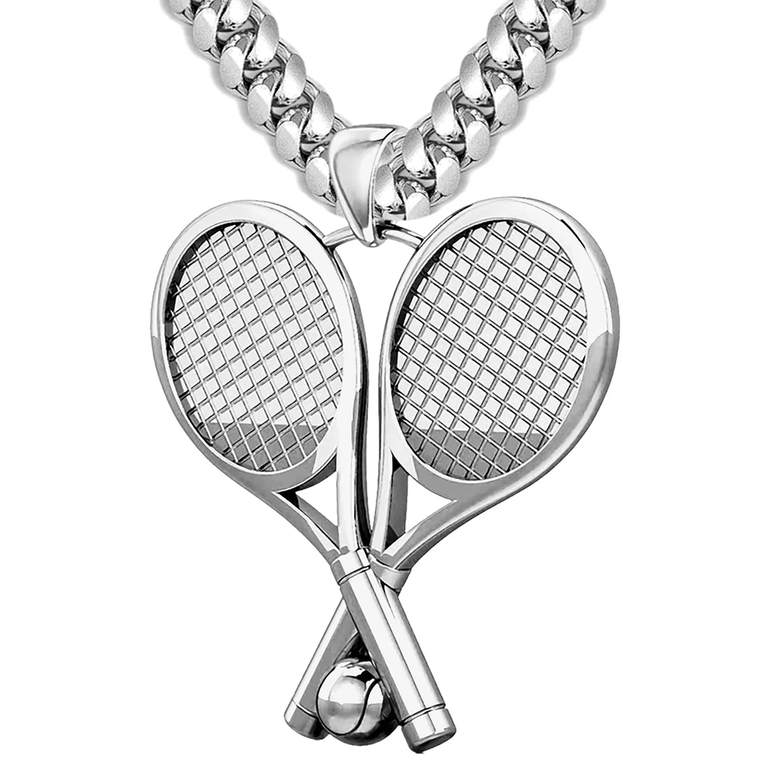 Large 925 Sterling Silver 3D Double Tennis Racket & Ball Pendant Necklace, 39mm
