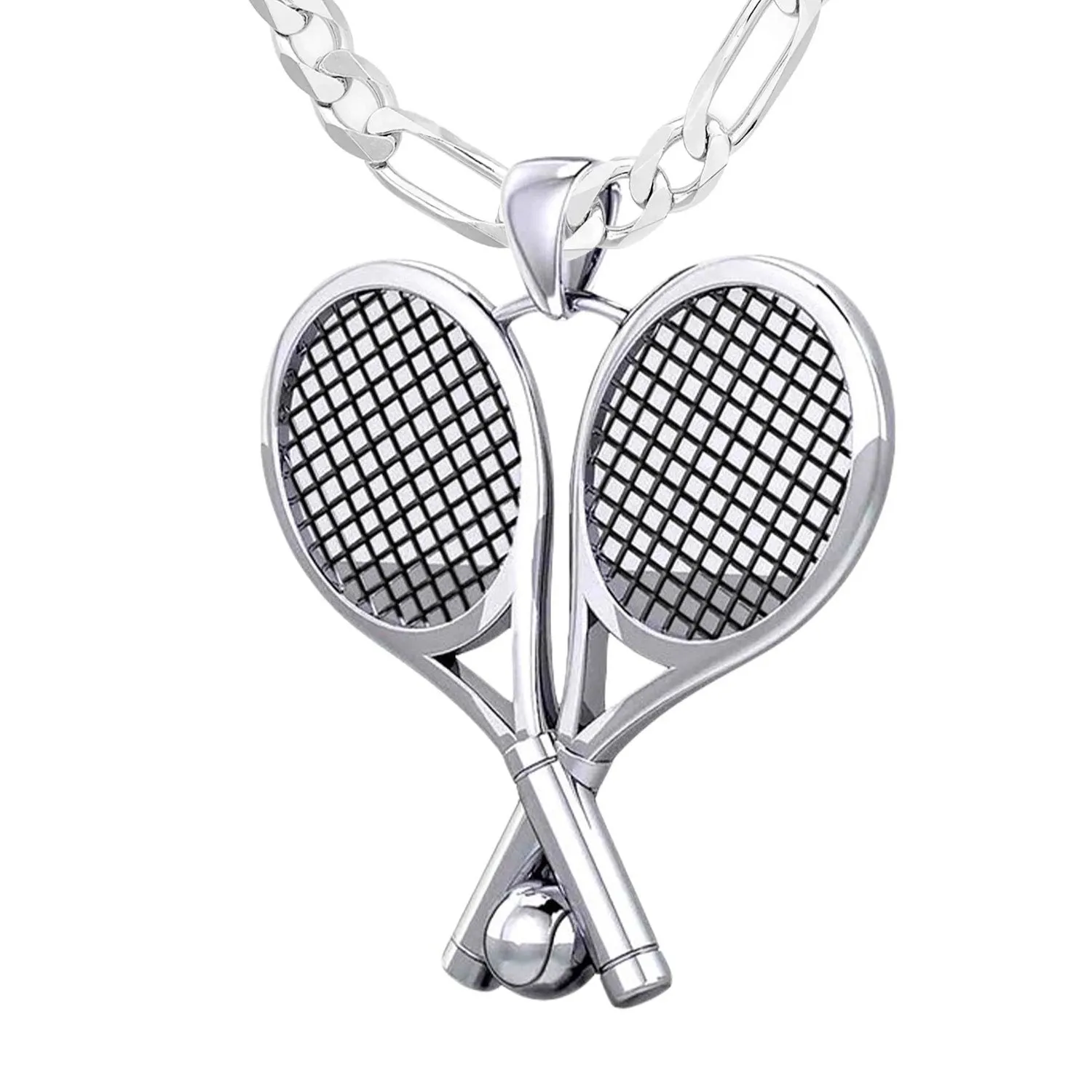 Large 925 Sterling Silver 3D Double Tennis Racket & Ball Pendant Necklace, 39mm