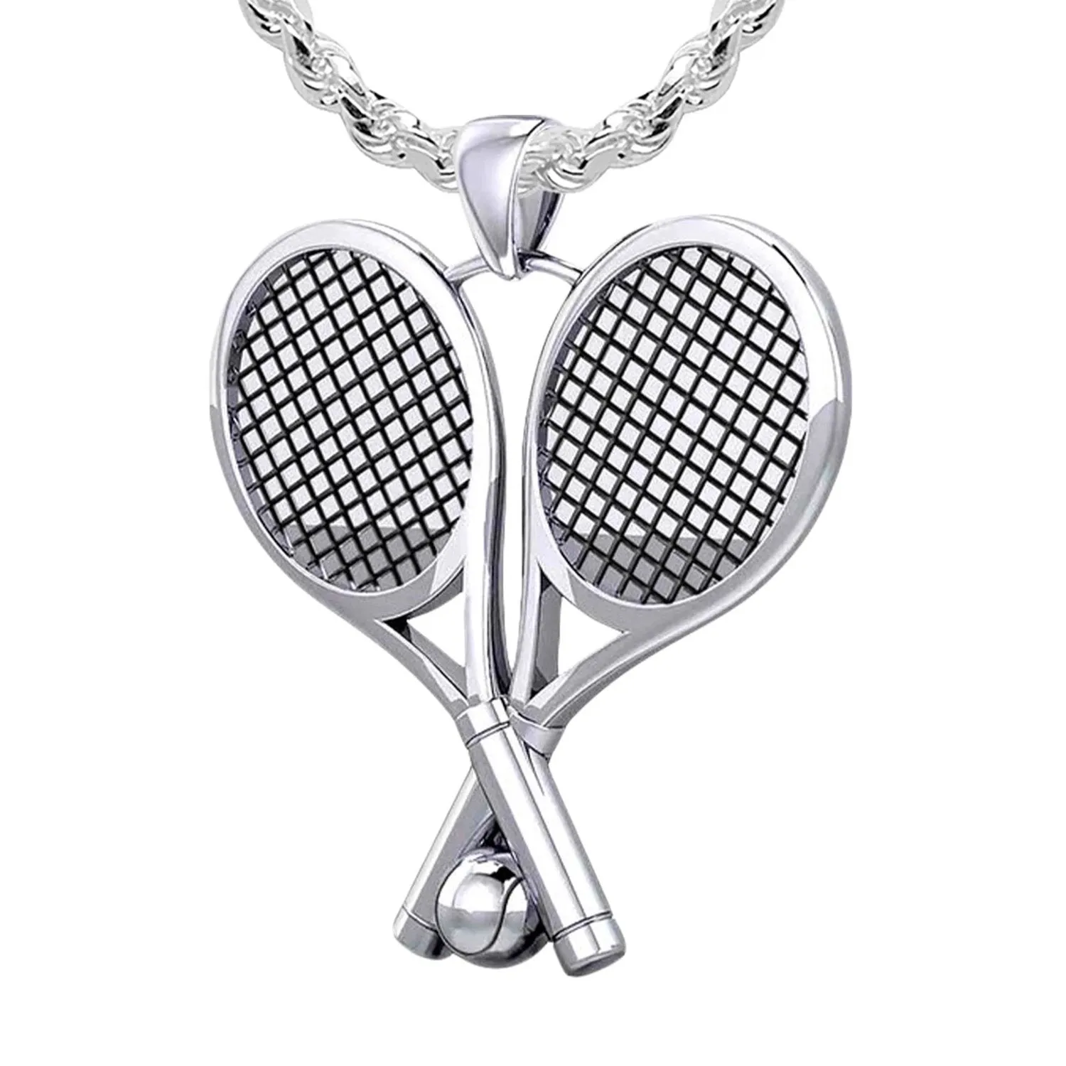 Large 925 Sterling Silver 3D Double Tennis Racket & Ball Pendant Necklace, 39mm