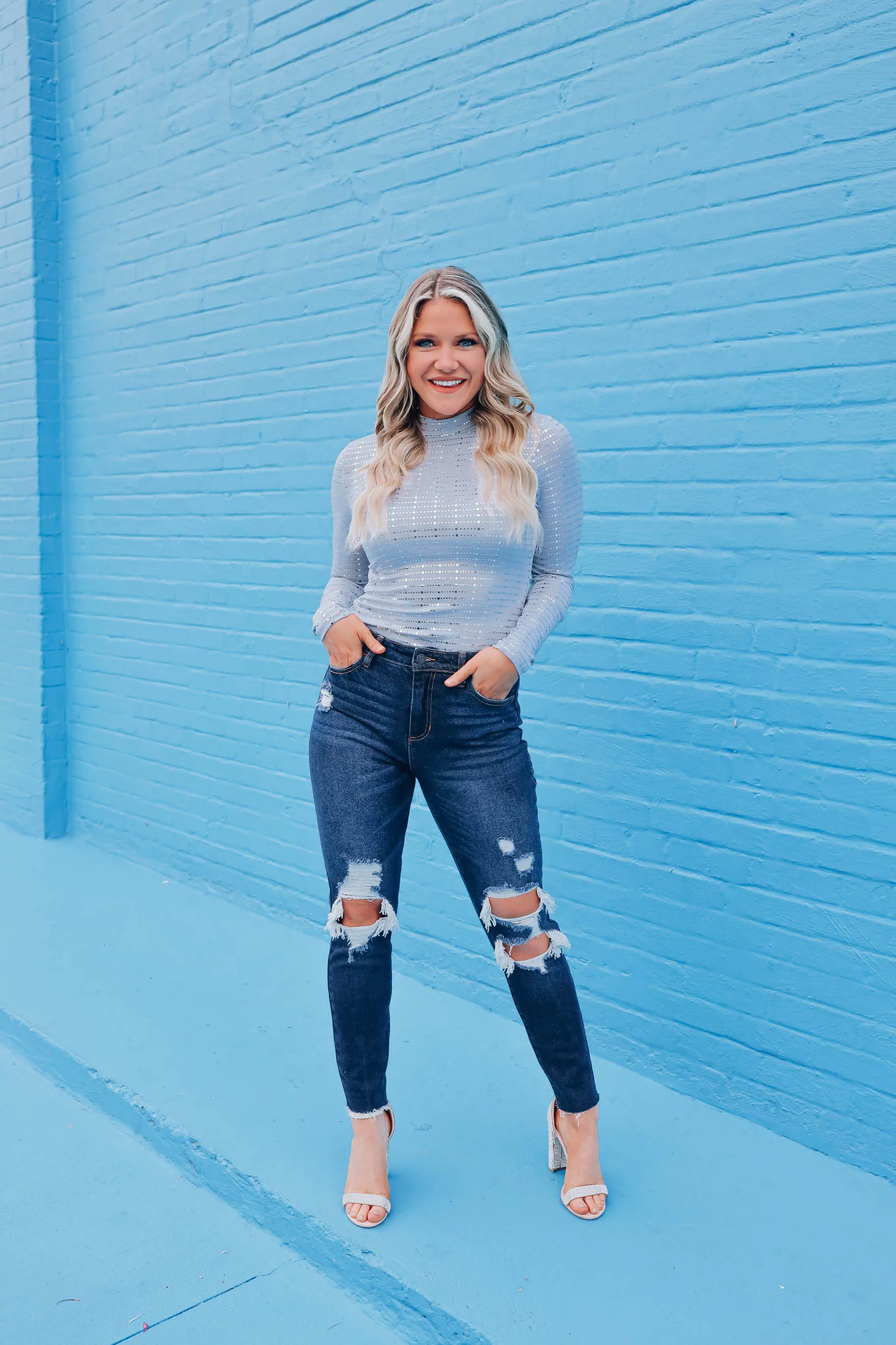 Lively Metallic Mock Neck Bodysuit - Blue