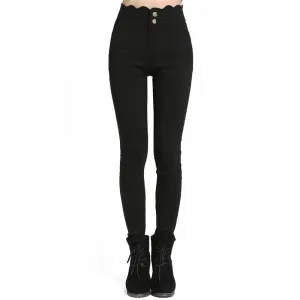 Long Trousers Women's Fashionable Pockets Button Fly Black Scalloped Skinny Pants