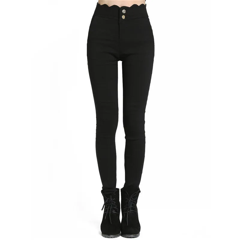 Long Trousers Women's Fashionable Pockets Button Fly Black Scalloped Skinny Pants