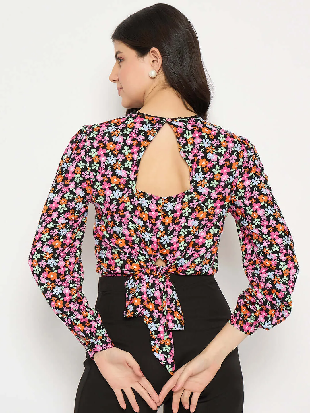 Madame Floral Print Tie Back Pink Crop Top