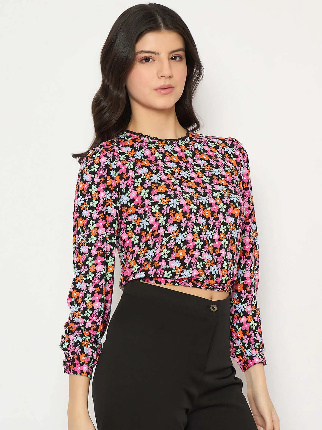 Madame Floral Print Tie Back Pink Crop Top