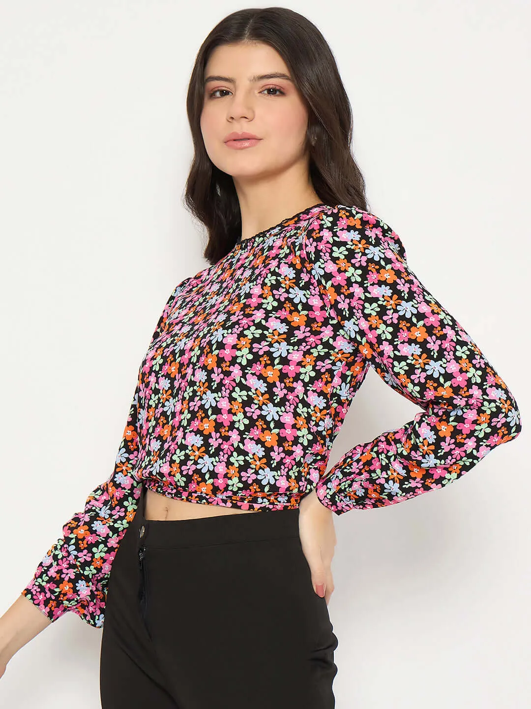 Madame Floral Print Tie Back Pink Crop Top
