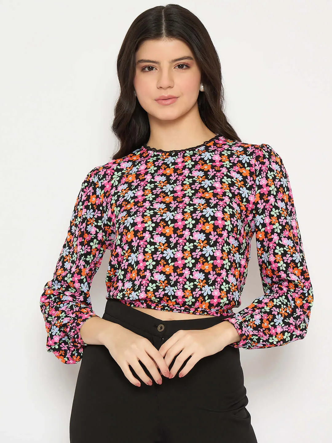 Madame Floral Print Tie Back Pink Crop Top