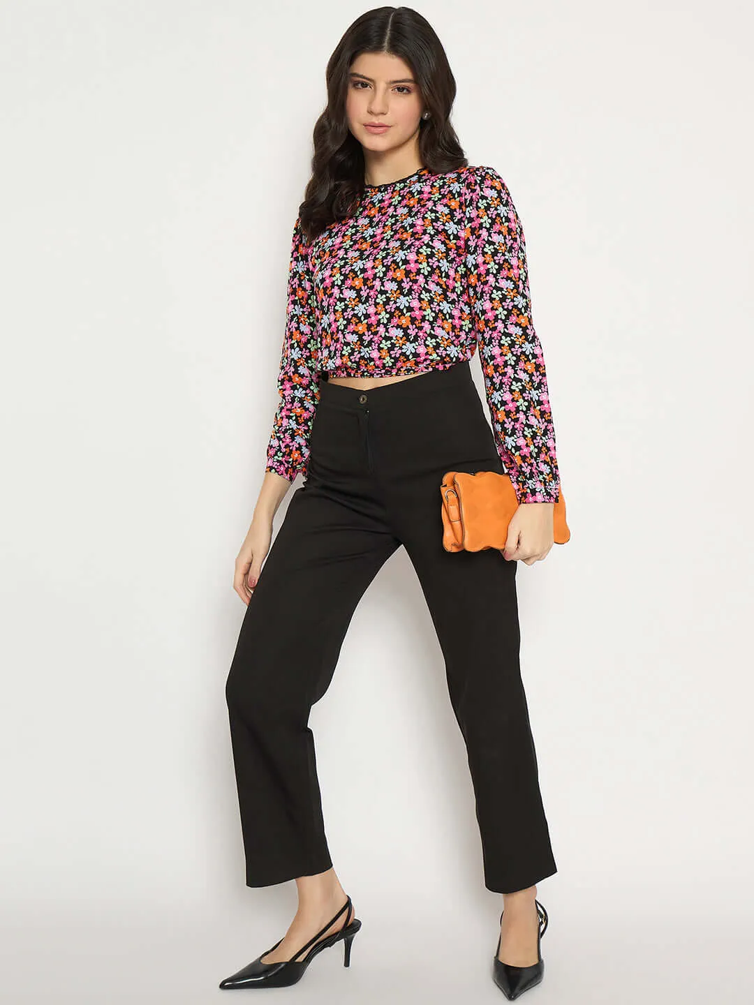 Madame Floral Print Tie Back Pink Crop Top