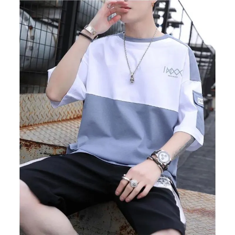Men's Short-sleeved Suit Summer Handsome Stitching Trend Sports and Leisure Tooling Short-sleeved Shorts Set
