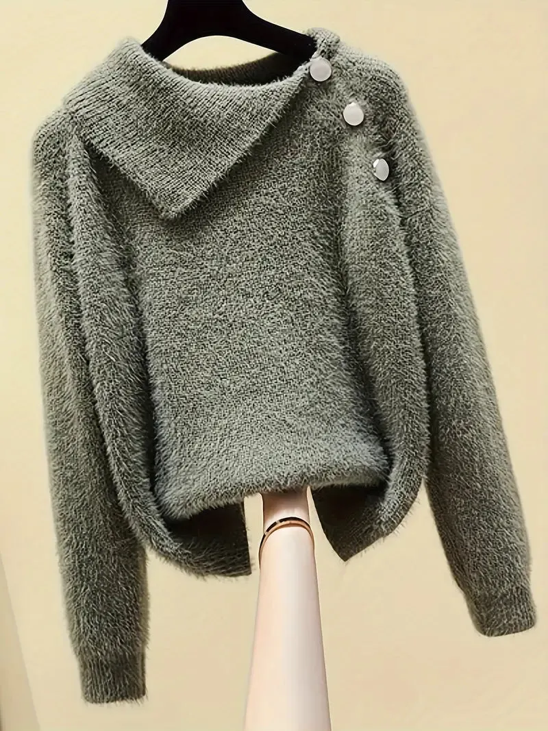 NEW Cable Knit Pants Set, Long Sleeve Asymmetric Neck Button Detail Sweater & Solid Color Straight Leg Pants Outfits, Women's Clothing, Ivory, Sz L, Retails $123