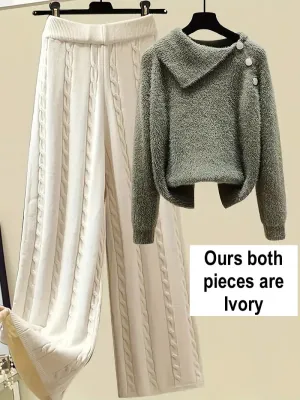 NEW Cable Knit Pants Set, Long Sleeve Asymmetric Neck Button Detail Sweater & Solid Color Straight Leg Pants Outfits, Women's Clothing, Ivory, Sz L, Retails $123