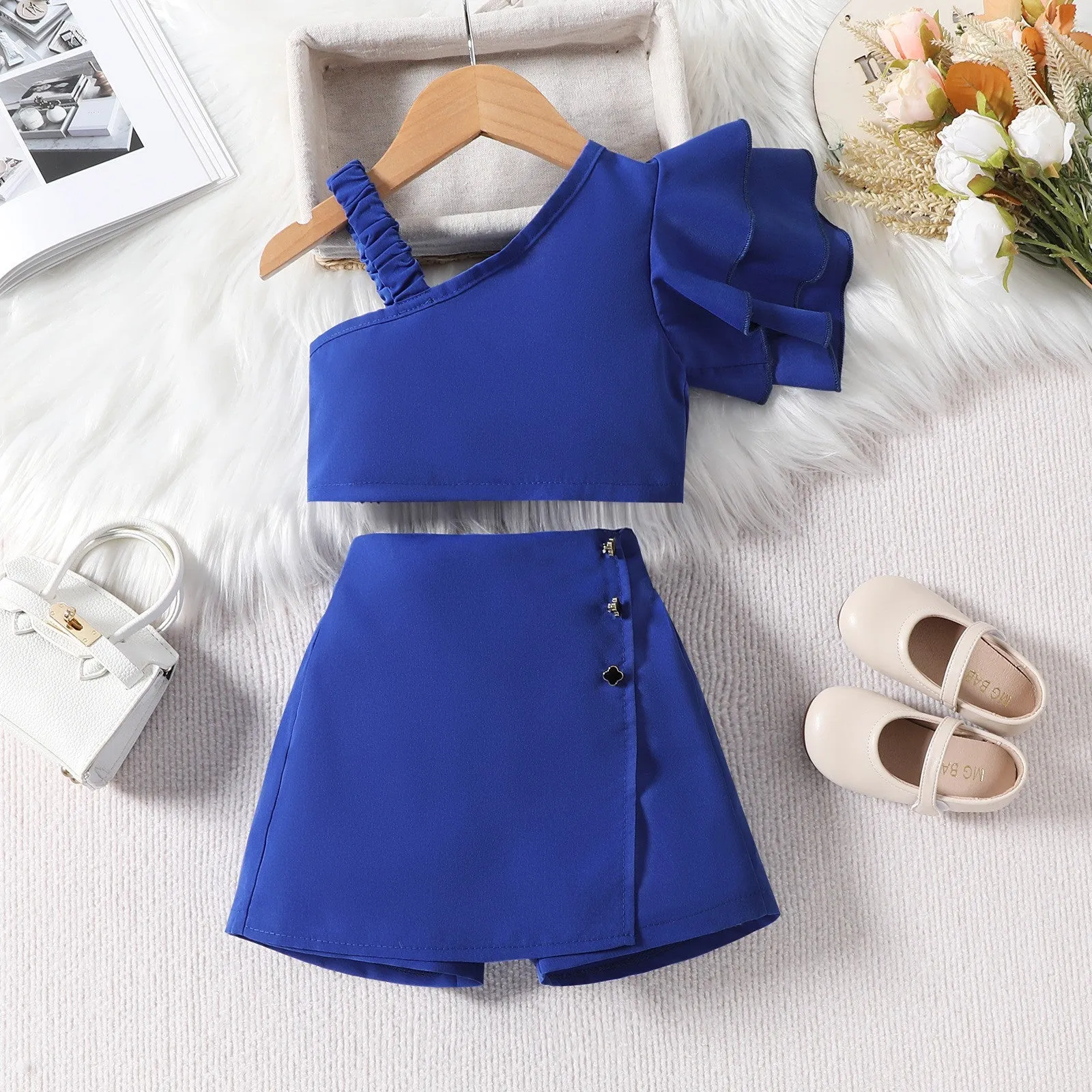 New summer fashion girls' oblique shoulder lace top   pants skirt two-piece set