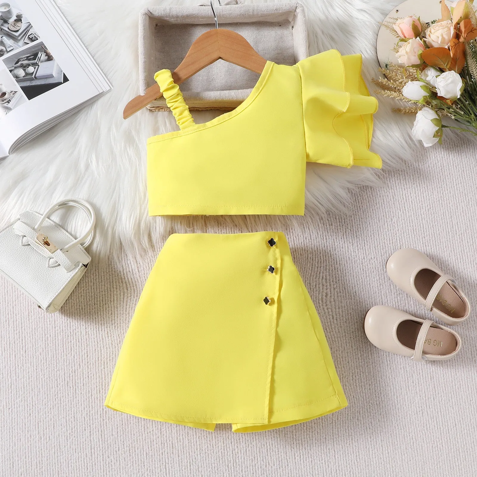 New summer fashion girls' oblique shoulder lace top   pants skirt two-piece set