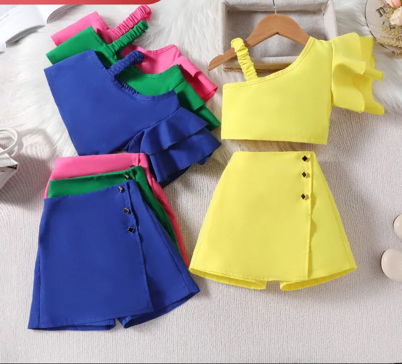 New summer fashion girls' oblique shoulder lace top   pants skirt two-piece set