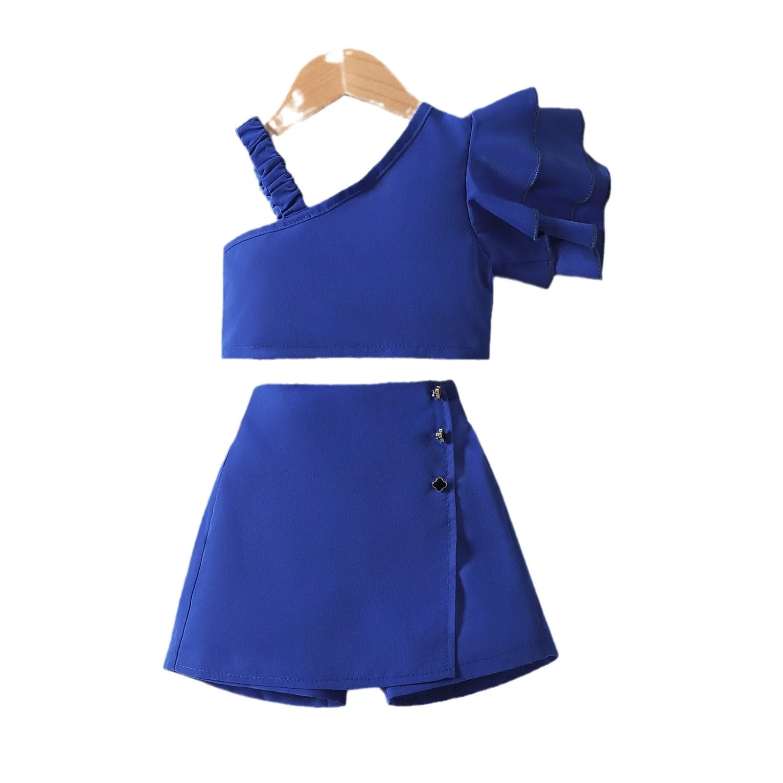 New summer fashion girls' oblique shoulder lace top   pants skirt two-piece set