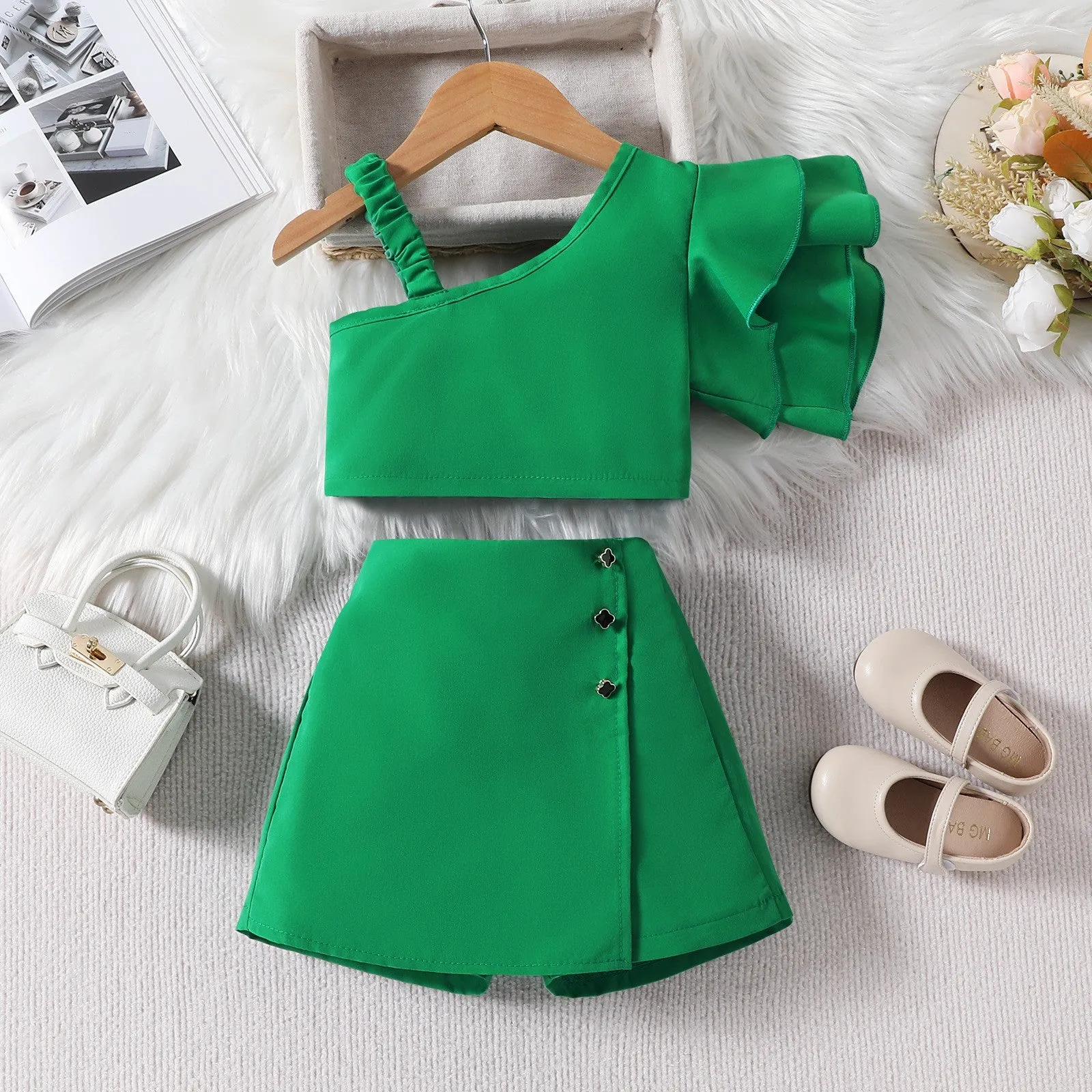 New summer fashion girls' oblique shoulder lace top   pants skirt two-piece set