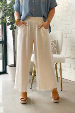 Oatmeal Wide Leg Elastic Frayed Pants