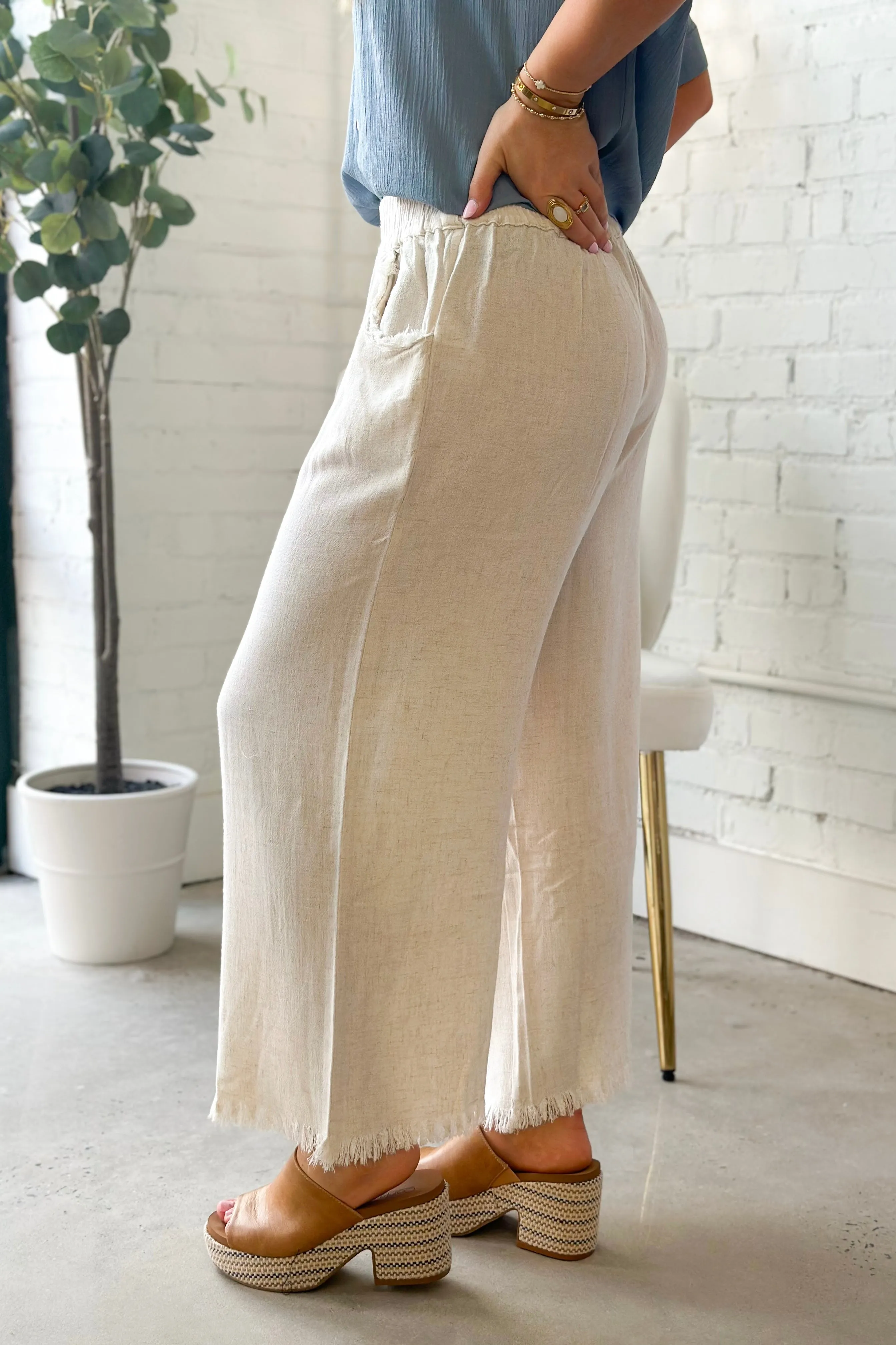 Oatmeal Wide Leg Elastic Frayed Pants