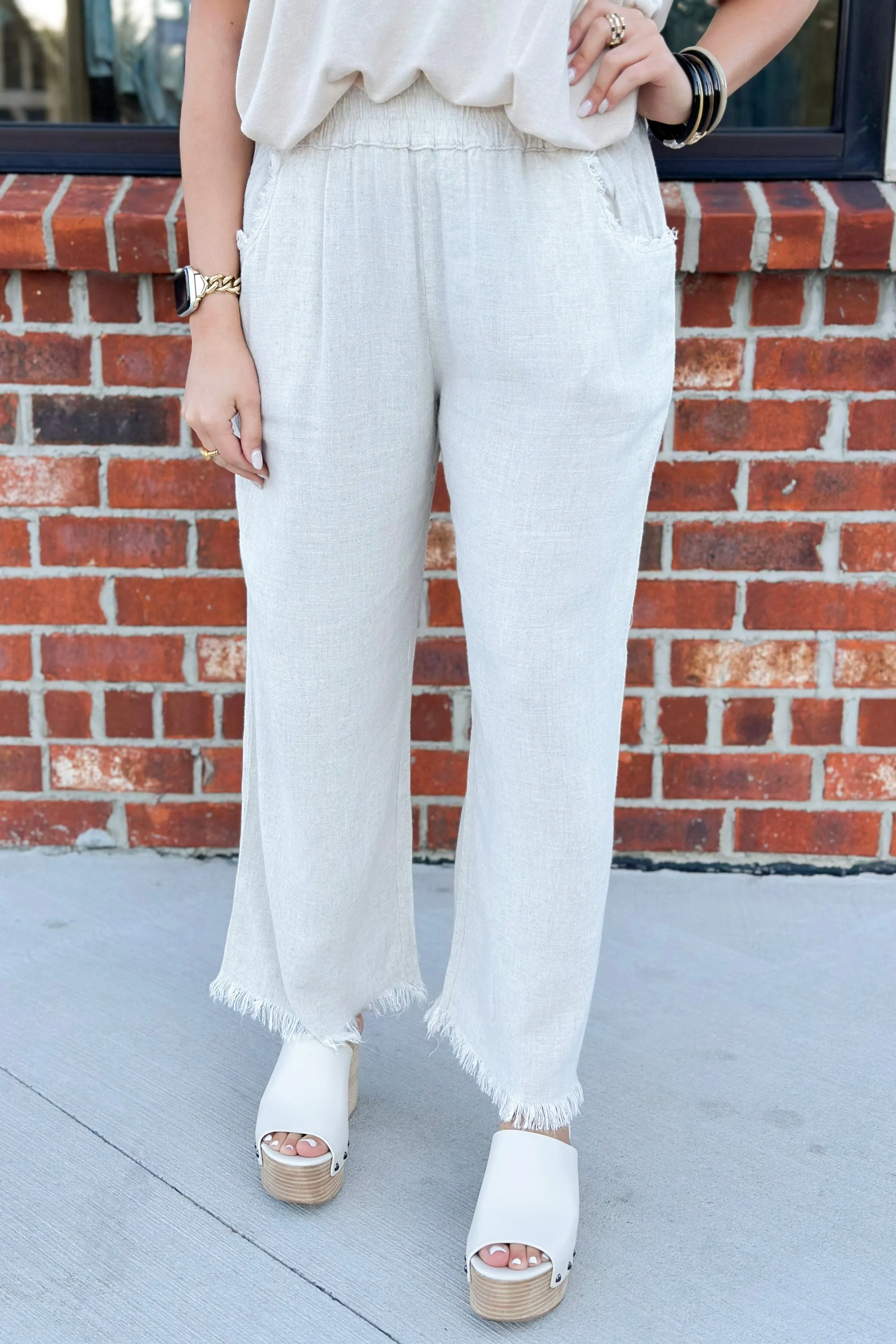 Oatmeal Wide Leg Elastic Frayed Pants